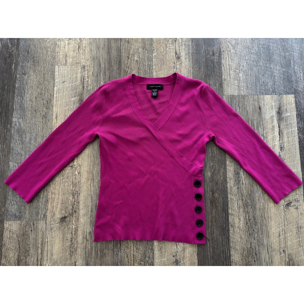 Cable‎ & Gauge Magenta Pink Ribbed Faux Wrap Sweater 3/4 Sleeve Button Detail M